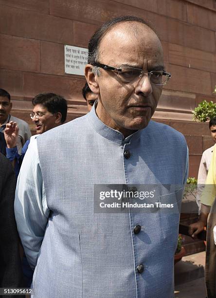 Finance Minister Arun Jaitley coming out of the Parliament after presenting General Budget during the Budget Session on February 29, 2016 in New...