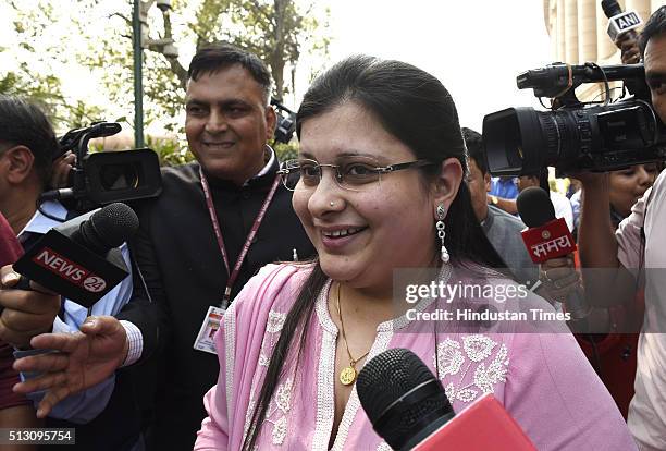 Sonali Jaitley, daughter of Finance Minister Arun Jaitley, coming out of the Parliament after her father presented General Budget during the Budget...