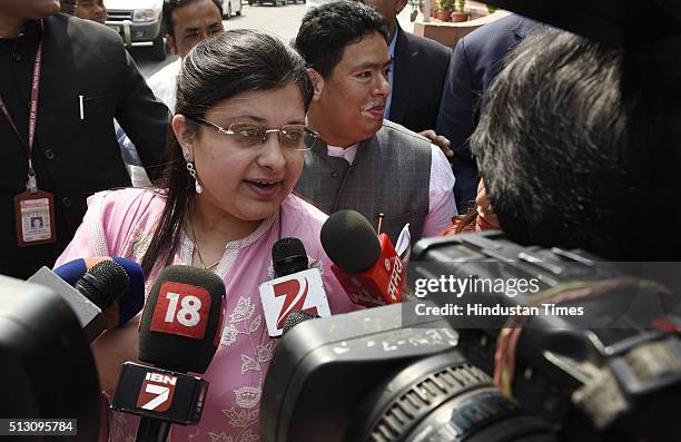 Sonali Jaitley, daughter of Finance Minister Arun Jaitley, coming out of the Parliament after her father presented General Budget during the Budget...