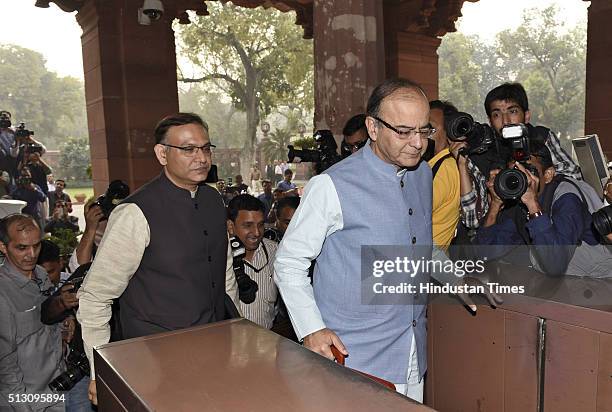 Finance Minister Arun Jaitley and his MOS Jayant Sinha arrive at Parliament to present General Budget during the Budget Session on February 29, 2016...