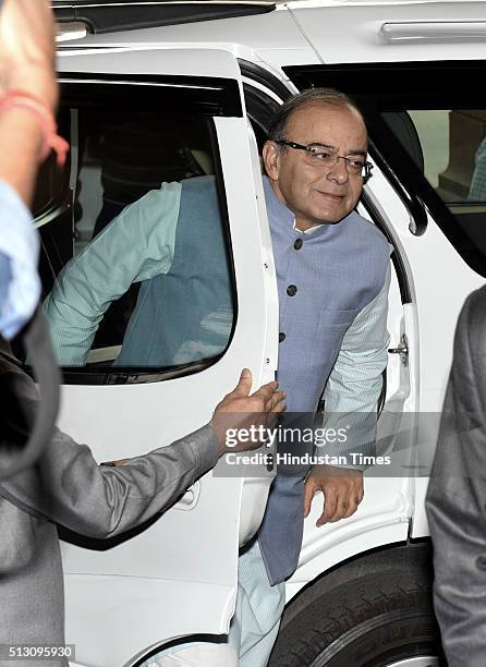 Finance Minister Arun Jaitley arrives at Parliament to present General Budget during the Budget Session, on February 29, 2016 in New Delhi, India....