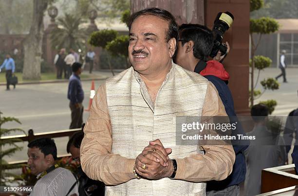 Ananth Kumar arrives at Parliament during the Budget Session on February 29, 2016 in New Delhi, India. Presenting his third Union Budget, Finance...