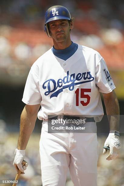 Outfielder Shawn Green of the Los Angeles Dodgers waits on deck during the game against the Pittsburgh Pirates at Dodger Stadium on August 5, 2004 in...