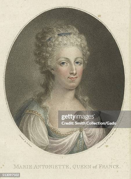Tinted, engraved portrait of Marie Antoinette, Queen of France between 1791-1792, wearing a clip in her hair, and a simple dress with pearl broche,...