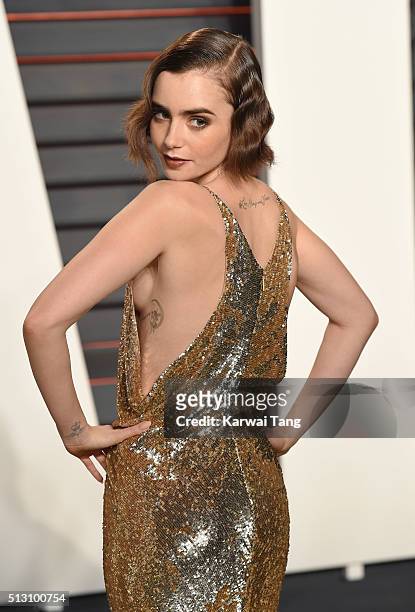 Lily Collins attends the 2016 Vanity Fair Oscar Party Hosted By Graydon Carter at Wallis Annenberg Center for the Performing Arts on February 28,...