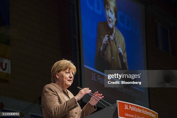 Angela Merkel, Germany's chancellor, speaks while addressing a Christian Democratic Party local election campaign rally in Volkmarsen, Germany, on...