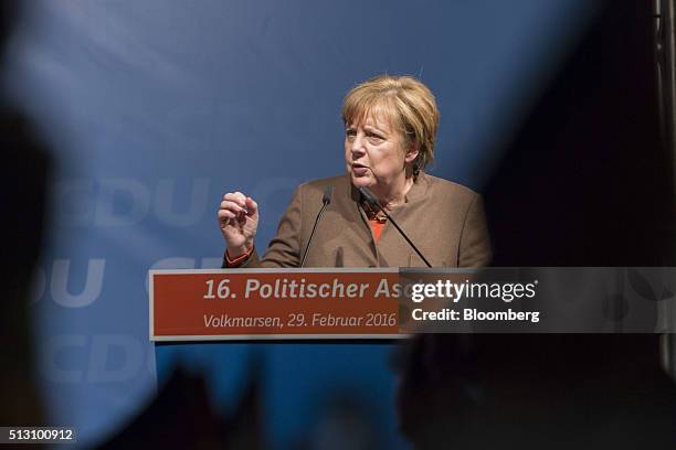 Angela Merkel, Germany's chancellor, speaks while addressing a Christian Democratic Party local election campaign rally in Volkmarsen, Germany, on...