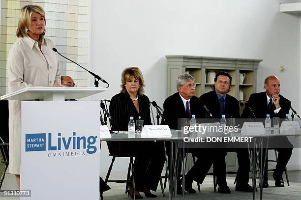 Martha Stewart addresses a news conference beside members of her board 15 September 2004 in New York, saying she would seek to serve her five-month...