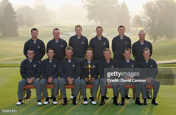 The European Team pose during the official team group photocall for the 35th Ryder Cup Matches at the Oakland Hills Country Club on September, 15...