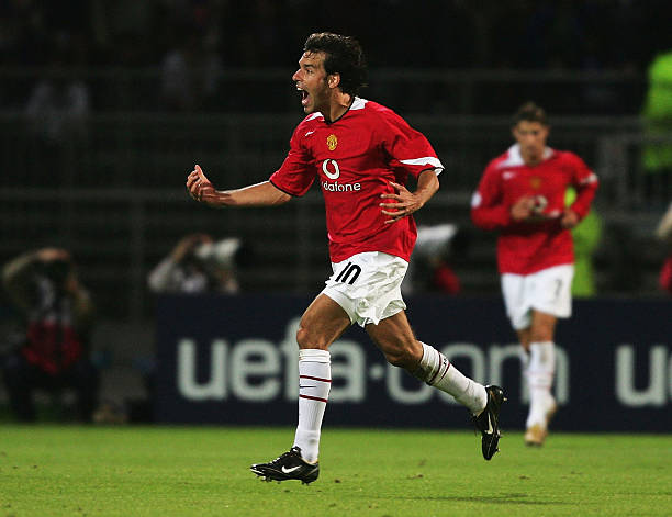 Ruud van Nistelrooy of Manchester United celebrates scoring their first goal during the UEFA Champions League Group D match between Olympique...