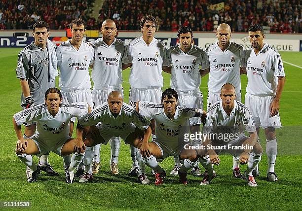 The team of Real Madrid poses at the start of the UEFA Champions League match between Bayer Leverkusen and Real Madrid at The Bayer Arena on...