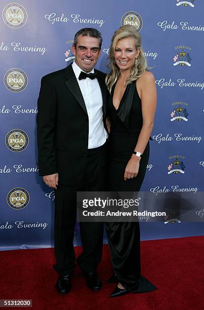 European team player Paul McGinley of Ireland with his wife Alison McGinley arriving at the 35th Ryder Cup Matches Gala Dinner at the Fox Theater on...