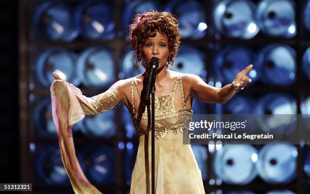 Singer Whitney Houston is seen performing on stage during the 2004 World Music Awards at the Thomas and Mack Center on September 15, 2004 in Las...