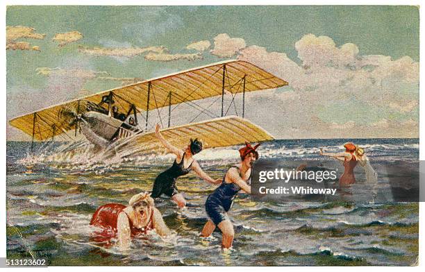 antique artist signed postcard by arthur thiele humour 1910 - vintage airplane stock pictures, royalty-free photos & images