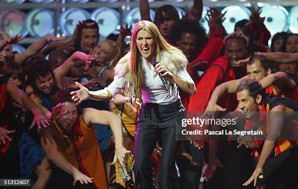 Singer Celine Dion is seen performing on stage during the 2004 World Music Awards at the Thomas and Mack Center on September 15, 2004 in Las Vegas,...