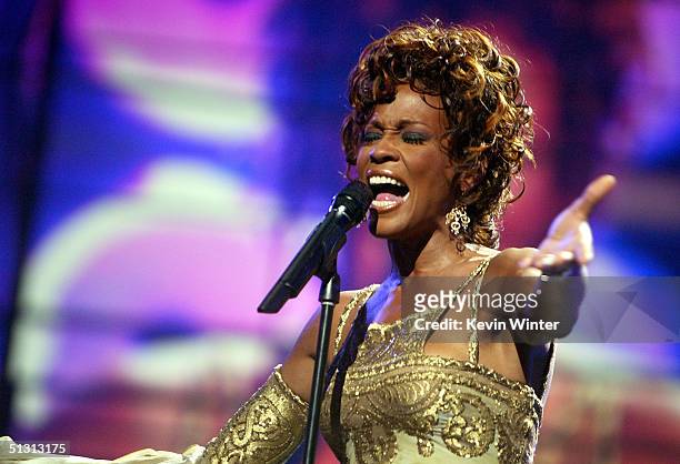 Singer Whitney Houston is seen performing on stage during the 2004 World Music Awards at the Thomas and Mack Center on September 15, 2004 in Las...