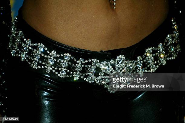 Close-up singer LaToya Jackson's belt is seen as she poses backstage at the 2004 World Music Awards at the Thomas and Mack Center on September 15,...