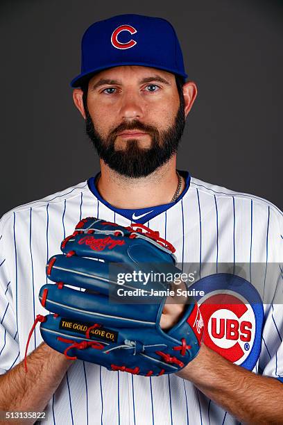 Pitcher Jason Hammel of the Chicago Cubs poses during a spring training photo shoot on February 29, 2016 in Mesa, Arizona.