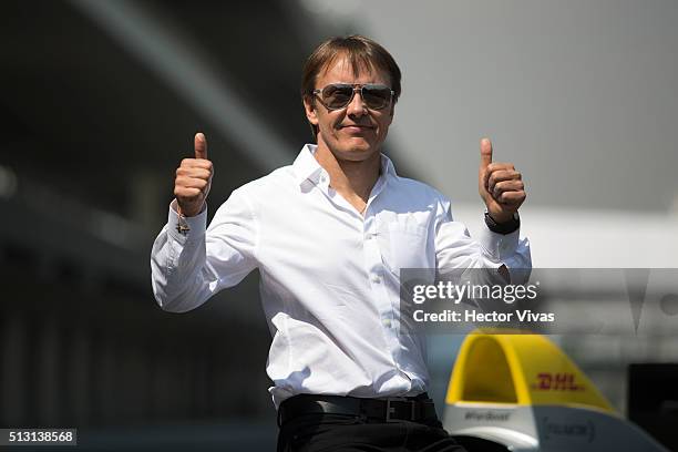 Grand Marshall for Mexico Adrian Fernandez poses for pictures during a press conference to present the Mexico City ePrix race as part of the...