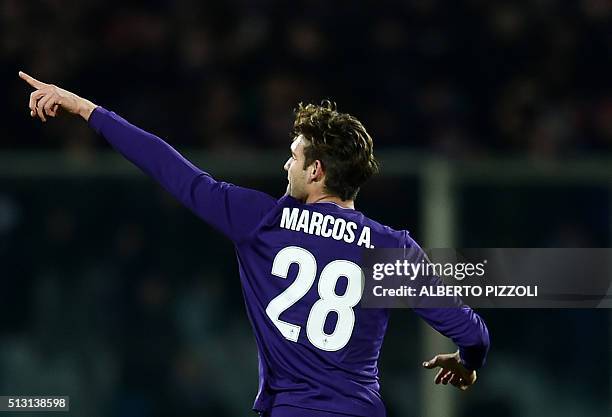 Fiorentina's Spanish defender Marcos Alonso Mendoza celebrates after scoring a goal during the Italian Serie A football match between Fiorentina and...