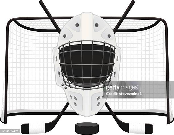 a drawing of a hockey goalie mask in front of a net - hockey puck in net stock illustrations
