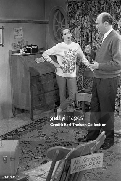 Actress Mary Tyler Moore and writer, producer, director and actor Carl Reiner in rehearsal for The Dick Van Dyke Show on December 2, 1963 in Los...