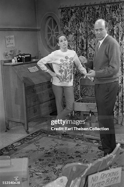 Actress Mary Tyler Moore and writer, producer, director and actor Carl Reiner in rehearsal for The Dick Van Dyke Show on December 2, 1963 in Los...