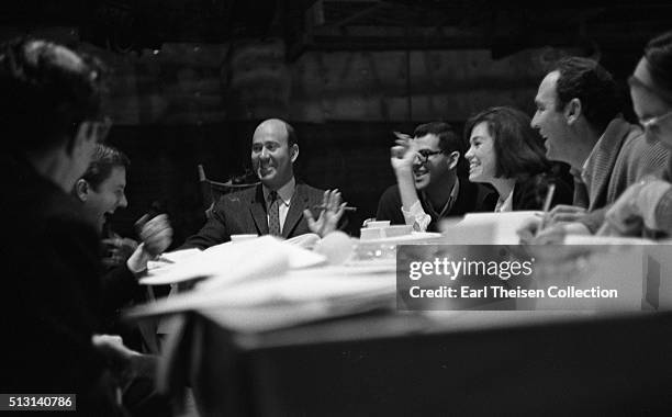 The cast and crew of the The Dick Van Dyke Show conduct a table read of the script on December 2, 1963 in Los Angeles, California.