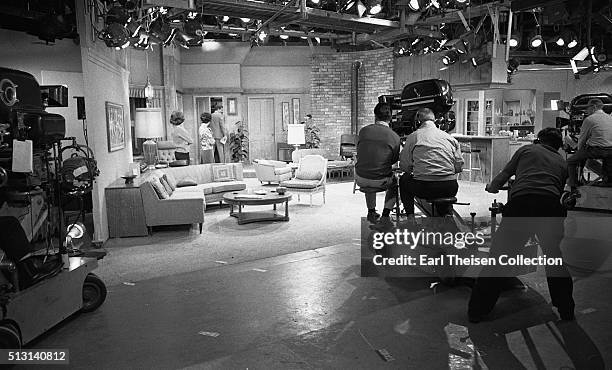 Actors Dick Van Dyke, Mary Tyler Moore and Ann Morgan Guilbert in rehearsal for The Dick Van Dyke Show on December 2, 1963 in Los Angeles, California.