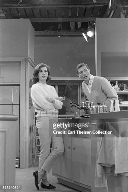 Actor Dick Van Dyke and actress Mary Tyler Moore in rehearsal for The Dick Van Dyke Show on December 2, 1963 in Los Angeles, California.