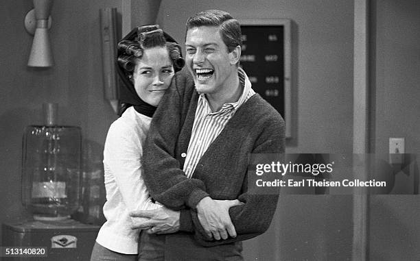 Actor Dick Van Dyke and actress Mary Tyler Moore in rehearsal for The Dick Van Dyke Show on December 2, 1963 in Los Angeles, California.