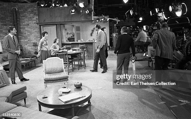Actors Dick Van Dyke, Mary Tyler Moore and Ann Morgan Guilbert with writer, producer, director and actor Carl Reiner in rehearsal for The Dick Van...