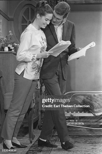 Actor Dick Van Dyke and actress Mary Tyler Moore in rehearsal for The Dick Van Dyke Show on December 2, 1963 in Los Angeles, California.