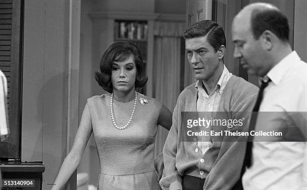 Actors Dick Van Dyke and Mary Tyler Moore with writer, producer, director and actor Carl Reiner in rehearsal for The Dick Van Dyke Show on December...