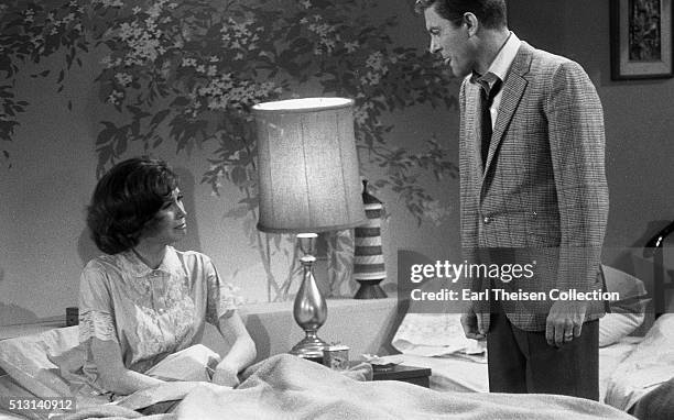 Actor Dick Van Dyke and actress Mary Tyler Moore in rehearsal for The Dick Van Dyke Show on December 2, 1963 in Los Angeles, California.
