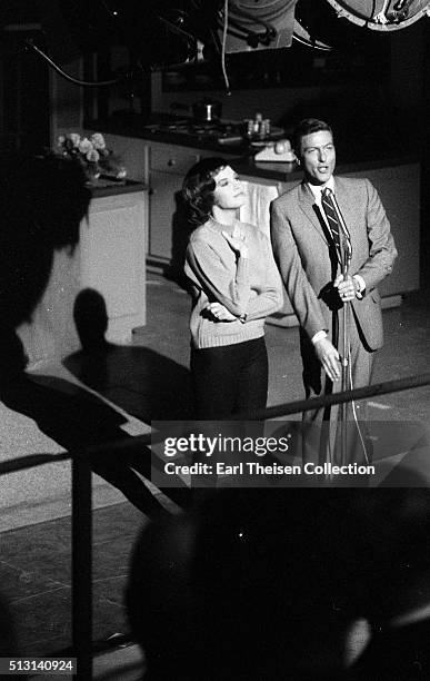Actor Dick Van Dyke and actress Mary Tyler Moore in rehearsal for The Dick Van Dyke Show on December 2, 1963 in Los Angeles, California.