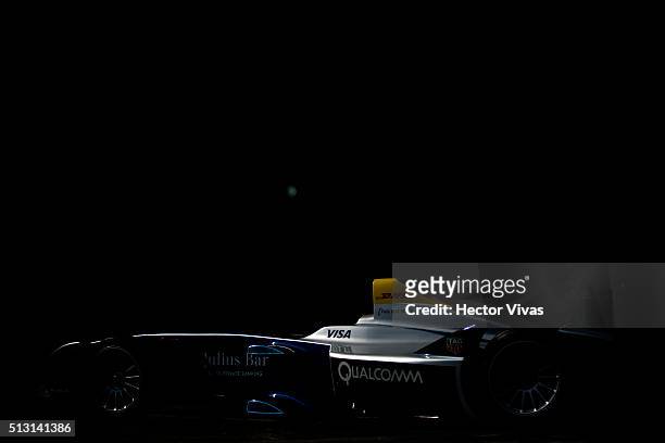 Detail of an electric race car during a press conference held by the Grand Marshall for Mexico Adrian Fernandez to present the Mexico City ePrix race...