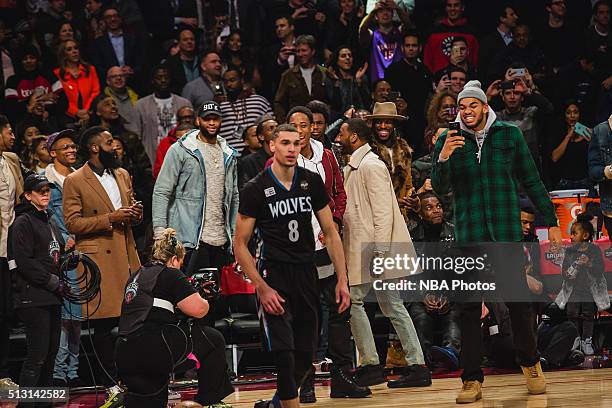 DeMar DeRozan and Karl-Anthony Towns reacts to Zach LaVine of the Minnesota Timberwolves after a dunk during the Verizon Slam Dunk Contest as part of...