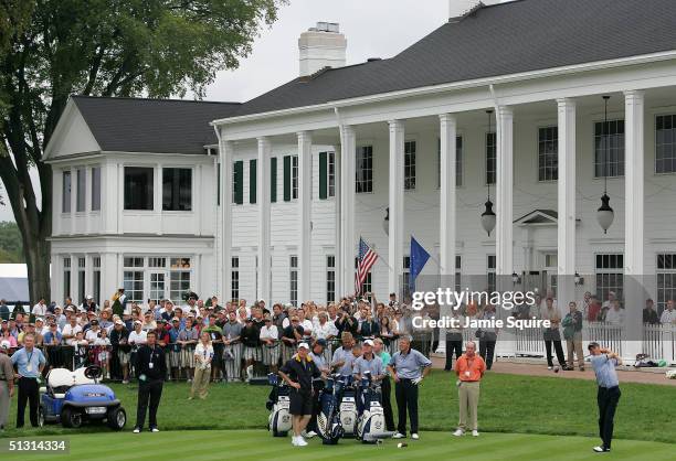 European team player Padraig Harrington of Ireland drives off the first tee during the final practice day for the 35th Ryder Cup Matches at the...