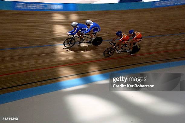 Paul Hunter and Ian Sharpe of Great Britain take part in a pairs track cycling practice session prior to the Athens 2004 Paralympic Games at the...