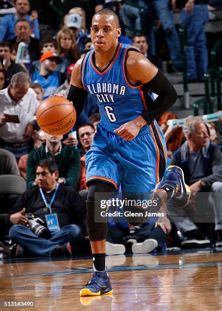 Randy Foye of the Oklahoma City Thunder dribbles the ball against the Dallas Mavericks on February 24, 2016 at the American Airlines Center in...