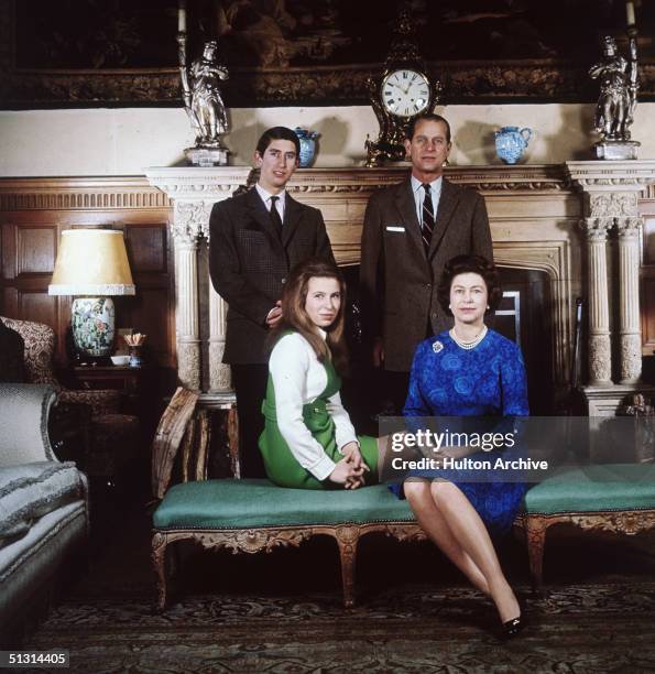 Queen Elizabeth II and Prince Philip with their children Prince Charles and Princess Anne at Sandringham in Norfolk,1970.