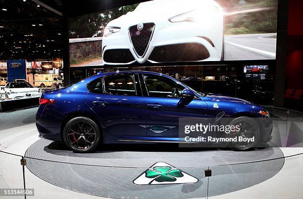 Alfa Romeo Giulia Quadrifoglio is on display at the 108th Annual Chicago Auto Show at McCormick Place in Chicago, Illinois on February 19, 2016.