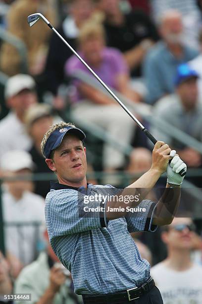 European team player Luke Donald of England watches his tee shot on the third hole during the final practice day for the 35th Ryder Cup Matches at...