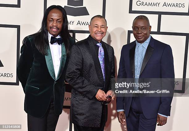 Musicians Verdine White, Ralph Johnson and Philip Bailey of Earth, Wind & Fire arrive at The 58th GRAMMY Awards at Staples Center on February 15,...