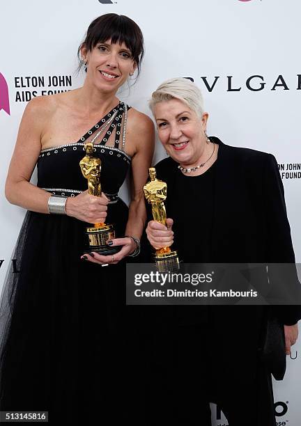 Make up artists Elka Wardega and Lesley Vanderwalt attends the 24th Annual Elton John AIDS Foundation's Oscar Viewing Party at The City of West...