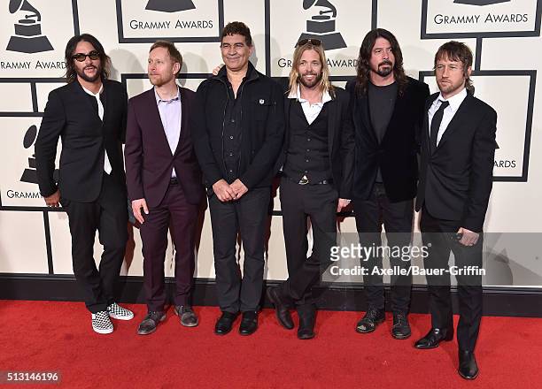 Musicians Franz Stahl, Nate Mendel, Pat Smear, Taylor Hawkins, Dave Grohl and Chris Shiflett of Foo Fighters arrive at The 58th GRAMMY Awards at...