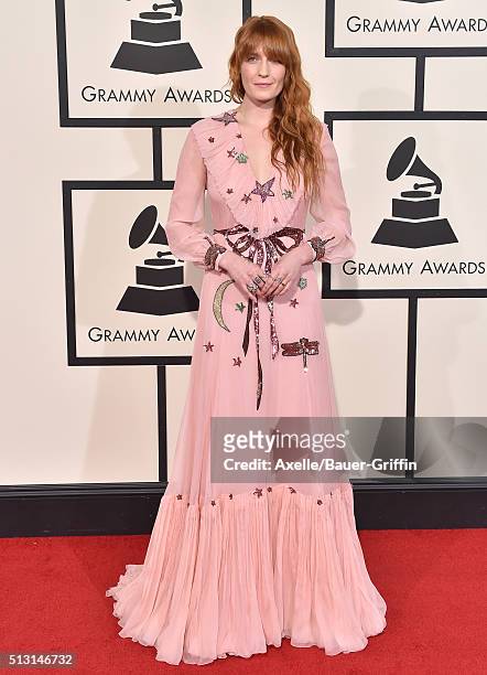 Singer Florence Welch arrives at The 58th GRAMMY Awards at Staples Center on February 15, 2016 in Los Angeles, California.