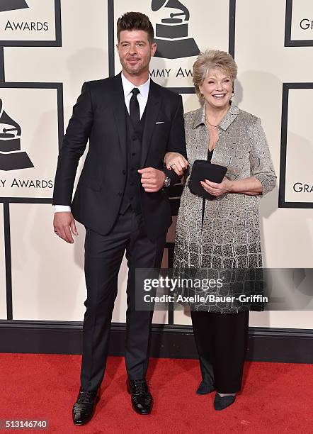 Singer Robin Thicke and mom singer/actress Gloria Loring arrive at The 58th GRAMMY Awards at Staples Center on February 15, 2016 in Los Angeles,...