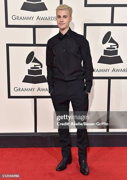 Singer Justin Bieber arrives at The 58th GRAMMY Awards at Staples Center on February 15, 2016 in Los Angeles, California.